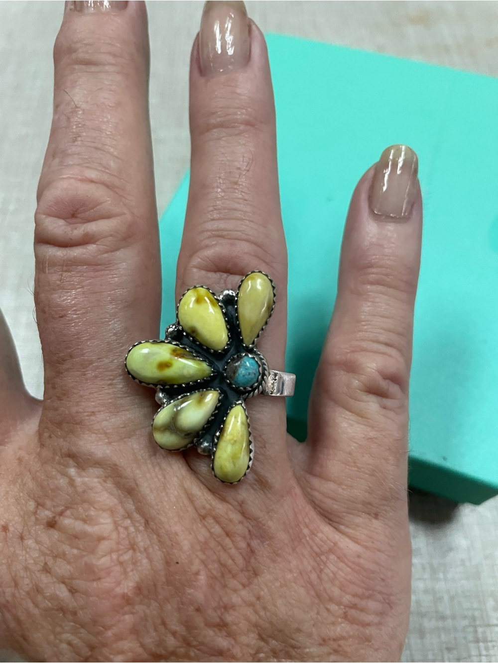 Large Palomino turquoise and White Water turquoise fan style ring!